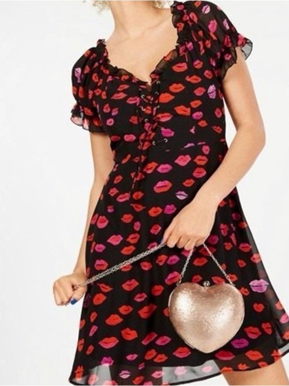Betsey Johnson Black Dress with Red and Pink Lip Print